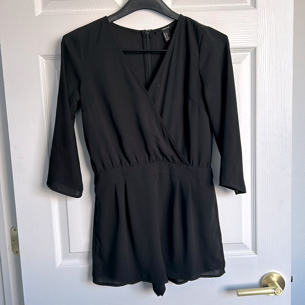 Black 3/4 Length Sleeve Cross Front Romper Zip Back Double Lined Shorts